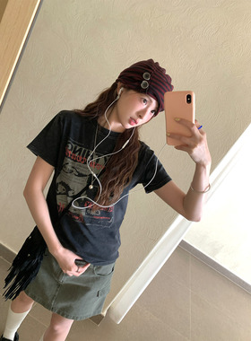 CCKOK 洗水做旧摇滚T恤2026夏季新款美式复古甜酷高街黑色短袖女