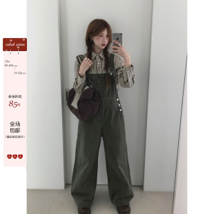 CCKOK 日系军绿色背带裤2026秋季新款复古直筒阔腿宽松休闲裤女