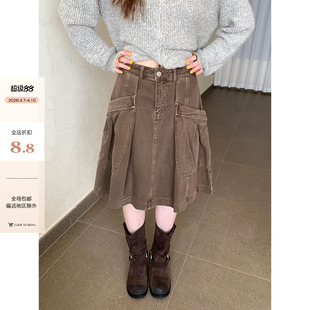 秋冬气质百搭韩系洗水立体工装 口袋棕色中裙女 2026新品 CCKOK