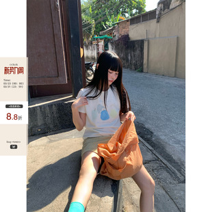 小众休闲设计白色T恤女 2026春夏新款 CCKOK 手绘雪梨印花正肩短袖