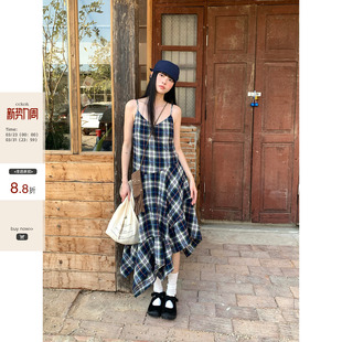 CCKOK 不规则裙摆格子长裙 立体线条格纹吊带裙连衣裙2026春夏新款