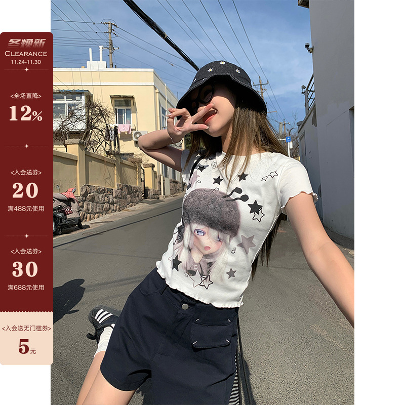 【现货】CCKOK 亚比女孩印花卷边正肩T恤夏季修身纯欲白色短袖女