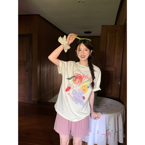 CCKOK水果印花100%棉宽松短袖T恤