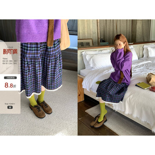 复古紫绿格纹拼接蕾丝边蛋糕裙秋季 CCKOK 小众半身中长裙 现货