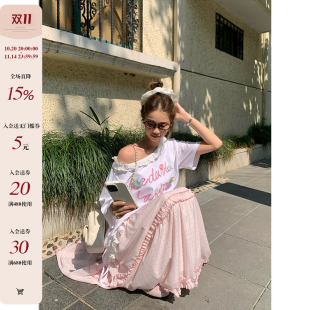 露斜肩短袖 新款 女 编织字母毛线花花拼裙摆大领T恤2025夏季 CCKOK