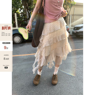 少女半身长裙 法式 CCKOK 粉色小花不规则荷叶边雪纺蛋糕裙2026夏季