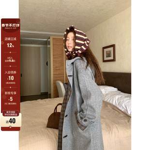 【现货】CCKOK冬季保暖50%羊毛拼格纹双面穿长款连帽外套大衣女