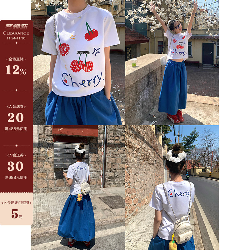 【现货】樱桃字母印花正肩T恤夏季新款韩版百搭白色宽松短袖女