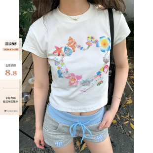小众修身 现货 CCKOK海星贝壳凯卡通印花正肩T恤夏季 女 显瘦短袖