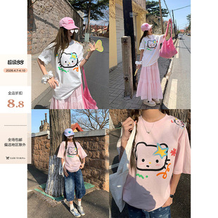 手绘呆萌猫咪印花宽松T恤夏季 现货 CCKOK 女 日系减龄可爱短袖