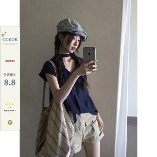 CCKOK V领上衣配飘带2026夏季新款气质休闲藏蓝色马甲短袖外套女