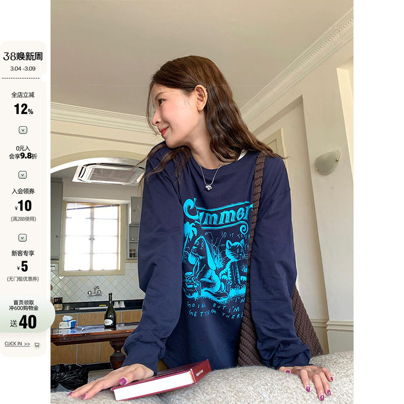 【现货】CCKOK 美式复古图案印花长袖T恤秋季小众慵懒套头上衣女