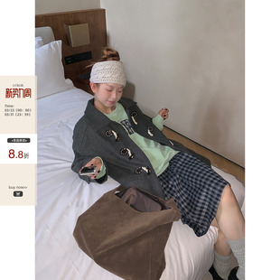 复古中长款 深灰色人字纹牛角扣毛呢大衣秋季 CCKOK 外套女 现货