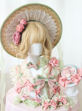 原创手作四时花粉绿配色发饰长飘带边夹手袖lolita帽子 发箍 KC
