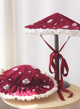 原创设计成人酒红伞帽bb帽 蘑菇帽lolita儿童伞菇帽 可配蘑菇人形