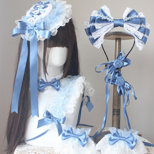 原创手作雾霾蓝小物发饰深雾蓝优雅Lolita小礼帽发带手袖 边夹头饰