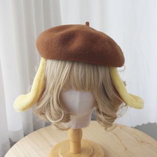 手作卡通少女咖色贝雷帽羊毛画家帽jk日系童趣可爱lolita百搭帽子