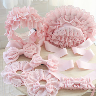 波奈特帽颈链手袖 lolita发带 芙拉小姐棉版 原创手作纯棉粉色小物