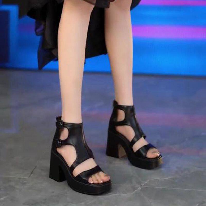 欧美复古厚底罗马凉鞋女2025夏季新款时尚皮带扣后拉链方头高跟鞋