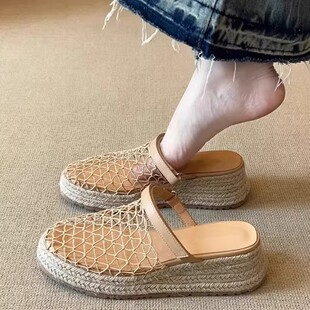 外穿坡跟厚底度假凉拖鞋 2025夏季 休闲时尚 草编网面包头凉鞋 女 新款