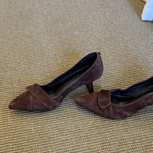 真皮尖头复古简约气质高跟鞋春夏浅口通勤鞋一脚蹬百搭粗跟单鞋女