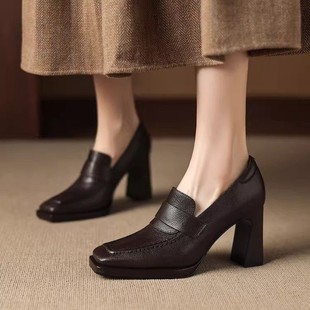 欧美风大牌深口高跟鞋女不累脚方头小皮鞋2025年春秋真皮粗跟单鞋
