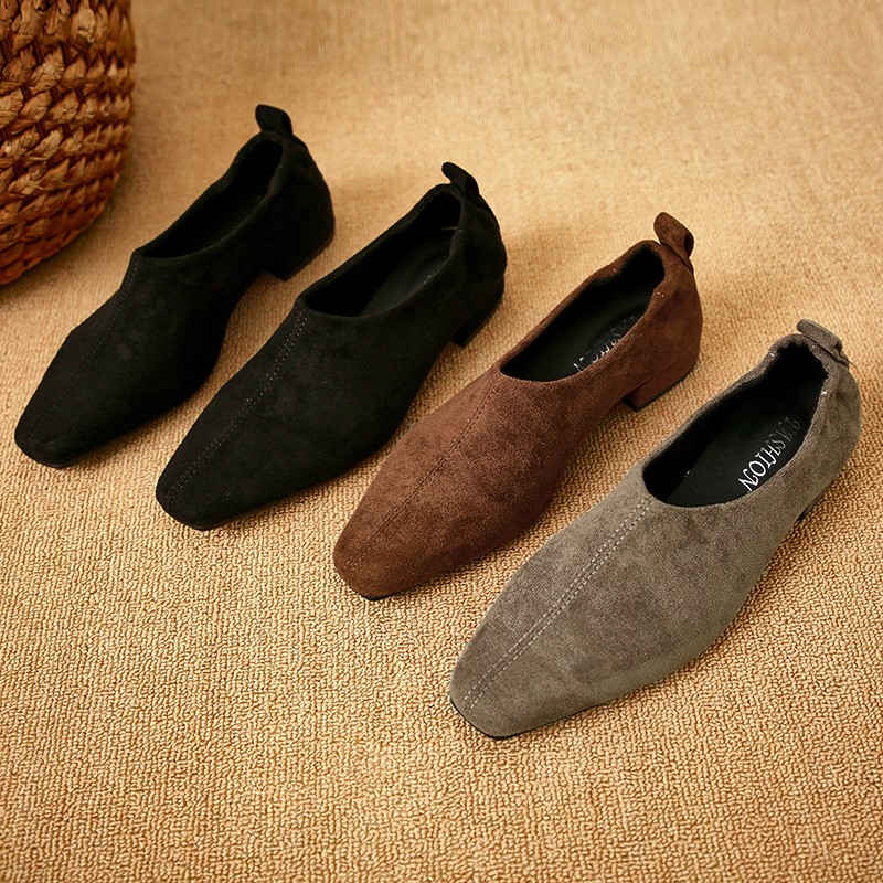 真皮奶奶鞋女绒面低跟单鞋豆豆鞋