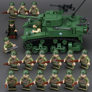 全冠积木二战美军斯图亚特轻型坦克M3A1装甲车拼装男孩子玩具