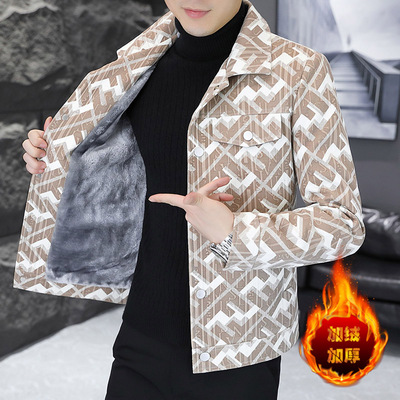 秋冬季毛呢夹克男潮流修身青年帅气加绒加厚短款风衣翻领格子外套