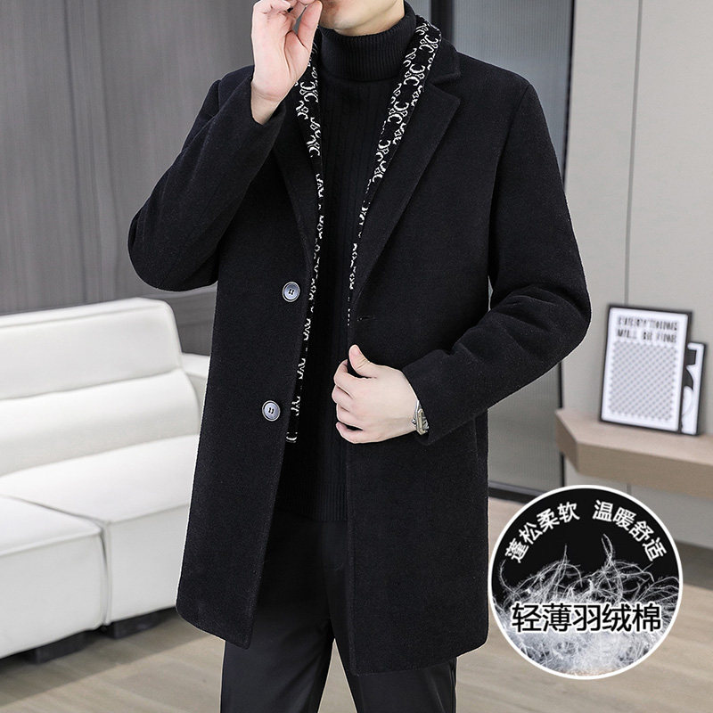 毛呢大衣男韩版中长款加棉内胆风衣冬季加厚假两件休闲毛呢外套