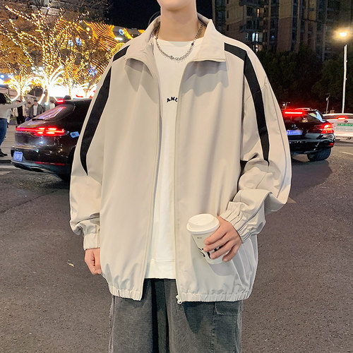 chic早春外套男春秋季新款美式潮牌运动风夹克休闲条纹立领教练服