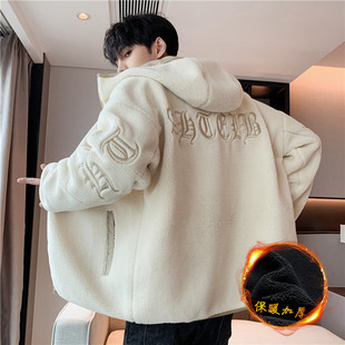 青少年羊羔绒棉衣外套男秋冬季 连帽加绒加厚保暖外套宽松绒感夹克