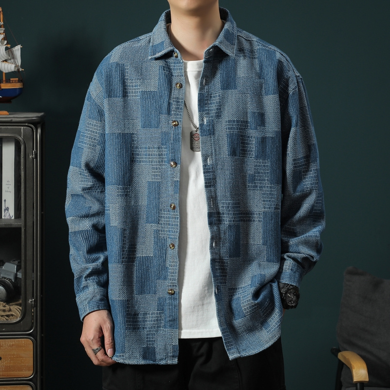 格子牛仔衬衫男长袖春秋季新款宽松美式潮牌休闲痞帅工装衬衣外套