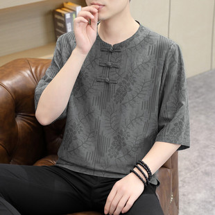 宽松体恤衫 中国风短袖 体恤五分袖 高端印花盘扣棉麻唐装 t恤男夏季