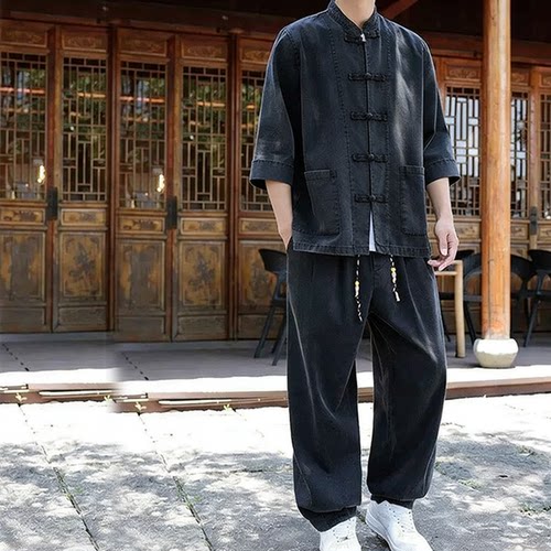 新中式盘扣新款中国风牛仔衬衫套装男士唐装七分袖休闲青年两件套