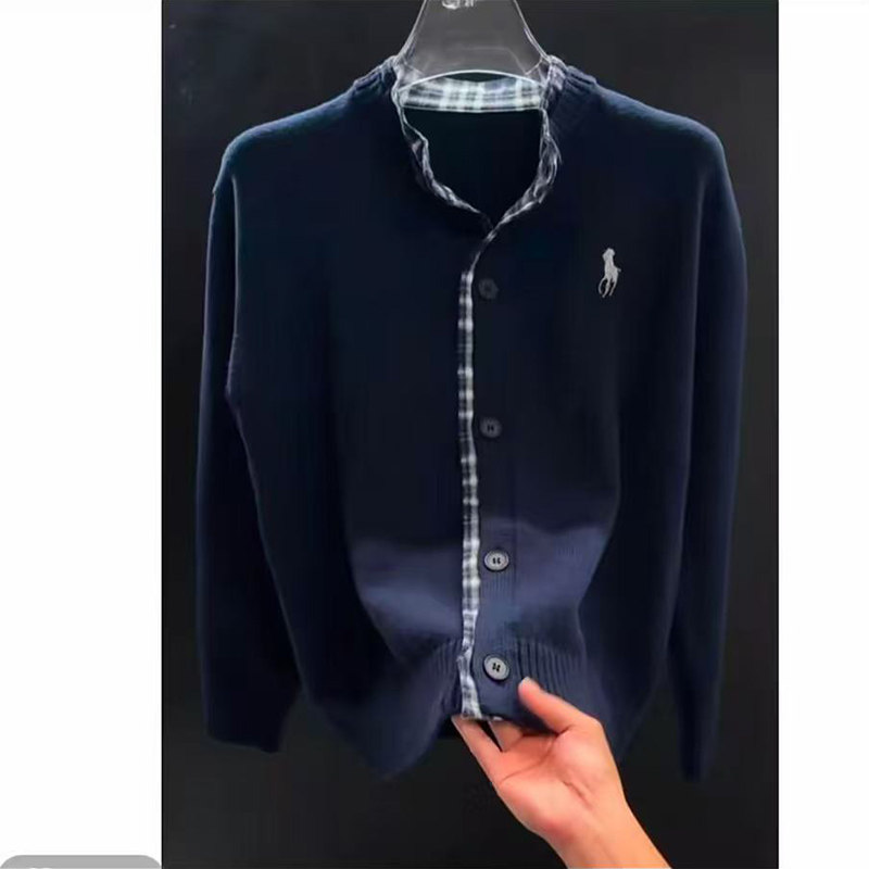 英伦风假两件刺绣毛衣外套男士宽松休闲拼接开衫学生加厚保暖上衣