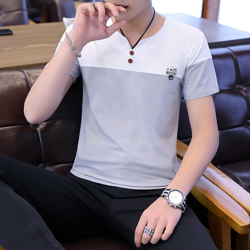 短袖男士v领修身t恤潮流拼接棉夏季烫印半袖男装衣服韩版夏装潮牌