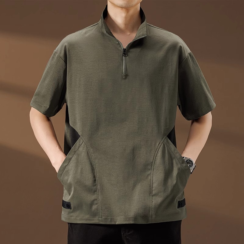 侧插口袋冰丝短袖t恤男立领半拉链美式潮牌半袖夏季薄款速干体恤