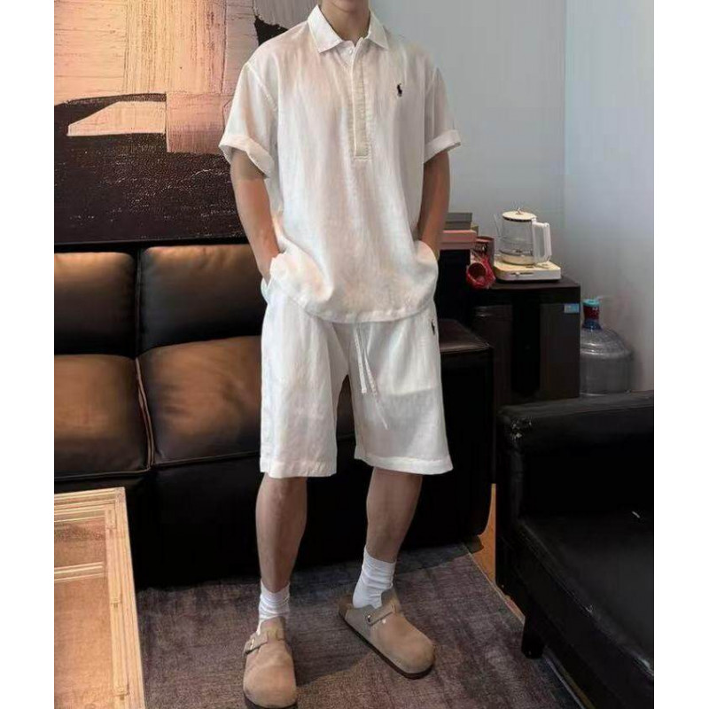 夏季新款休闲慵懒风短袖套装宽松polo领衬衫男时尚通勤百搭短裤潮