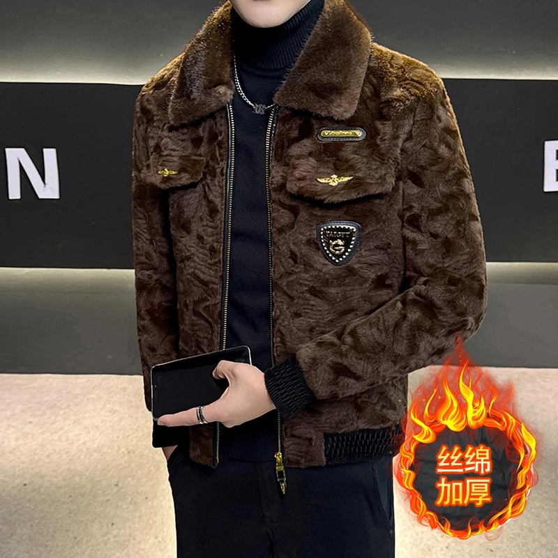 欧洲站男士皮毛一体外套加厚保暖翻领商务风高端夹克上衣冬季皮草