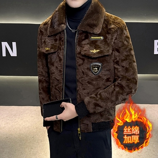 欧洲站男士 皮草 皮毛一体外套加厚保暖翻领商务风高端夹克上衣冬季