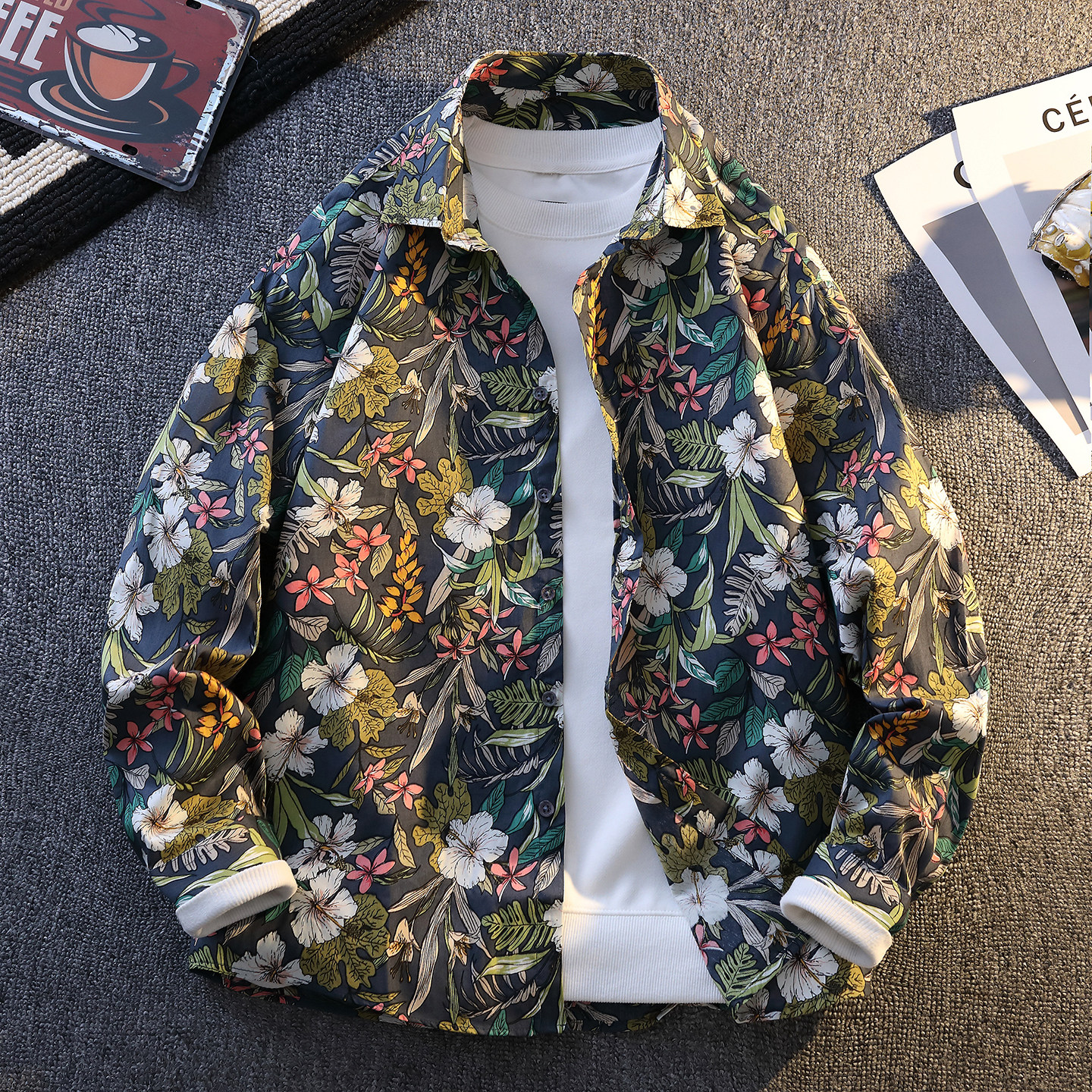 花衬衫男长袖100%纯棉个性印花发型师夜店潮衬衣服2026春季薄外套