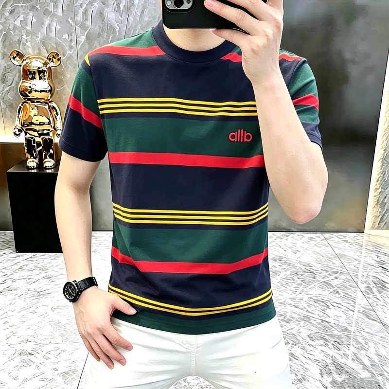 韩版潮牌撞色条纹短袖T恤男款夏季潮流圆领薄款半截袖上衣情侣装图片