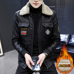 皮衣男秋冬季 加厚机车皮夹克 皮毛一体加绒翻领羊羔绒棉衣外套男士
