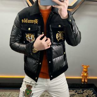 欧货潮牌虎头刺绣羽绒服男士翻领修身保暖外套短款高端轻奢棉衣男