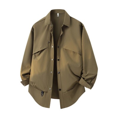 2025秋装新款工装衬衫外套男款秋季日系休闲痞帅硬挺棕色男士衬衣