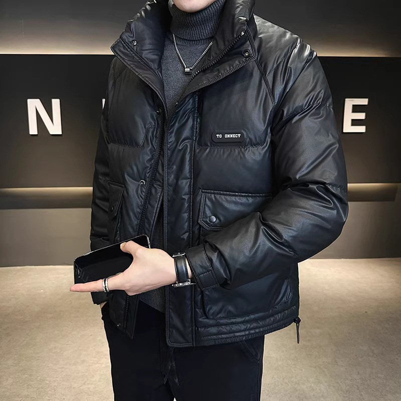 短款PU皮羽绒服男士冬季2025新款立领加厚保暖潮牌工装棉衣外套男