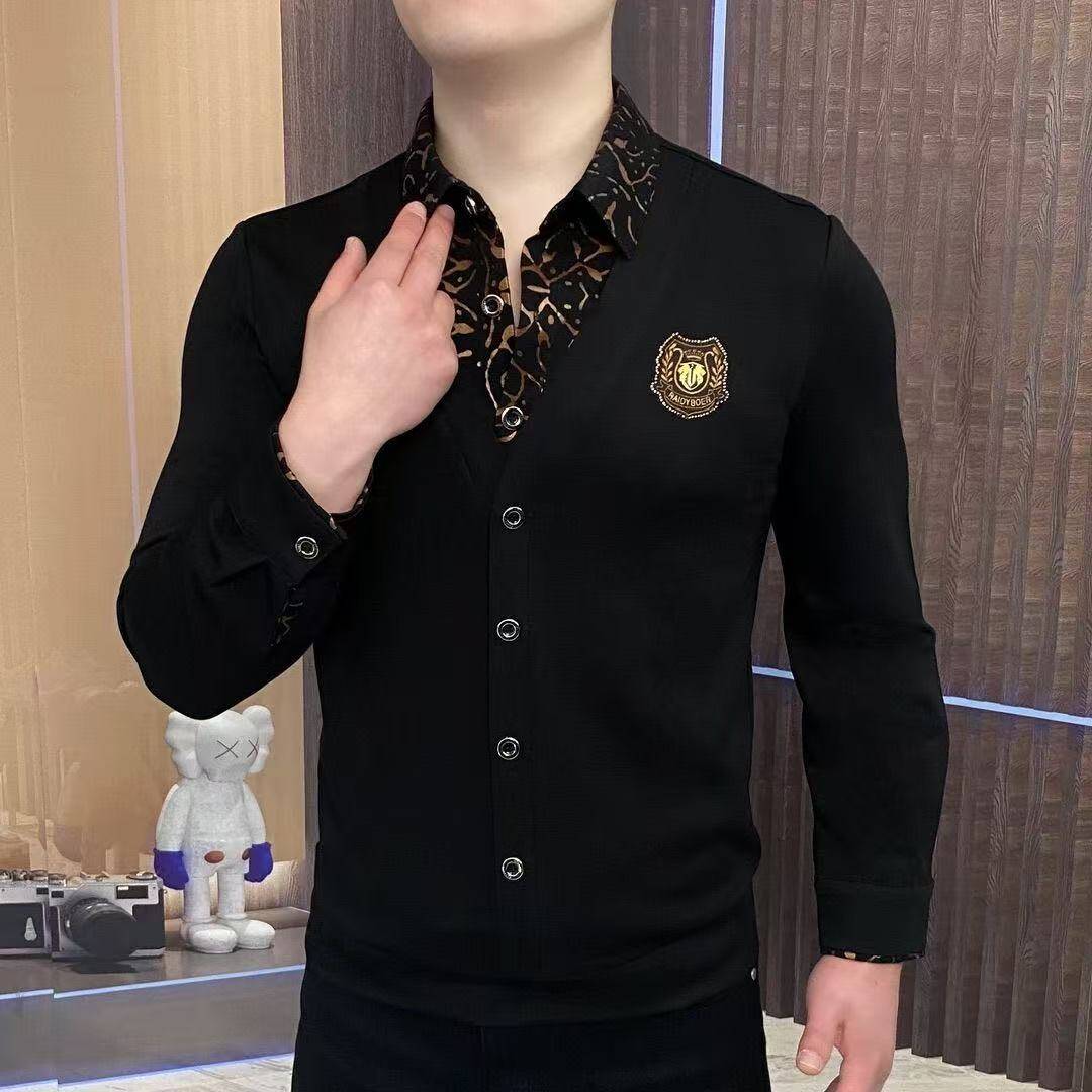 欧货秋季新款卫衣男长袖假两件轻奢时尚重工烫金简约衬衫领轻熟风
