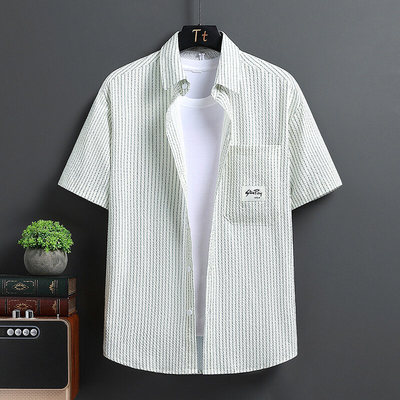 日系复古文艺小清新条纹短袖衬衫男夏季冰丝休闲衬衣半袖帅气外套