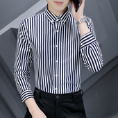 衬衫 潮流商务休闲男装 男竖条纹修身 长袖 衬衣春秋季 韩版 上衣服寸衫